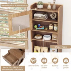Katzenklo Schrank mit Verstellbarem LED-Licht & Regal & Ladestation & Schublade Katzentoilette Natur
