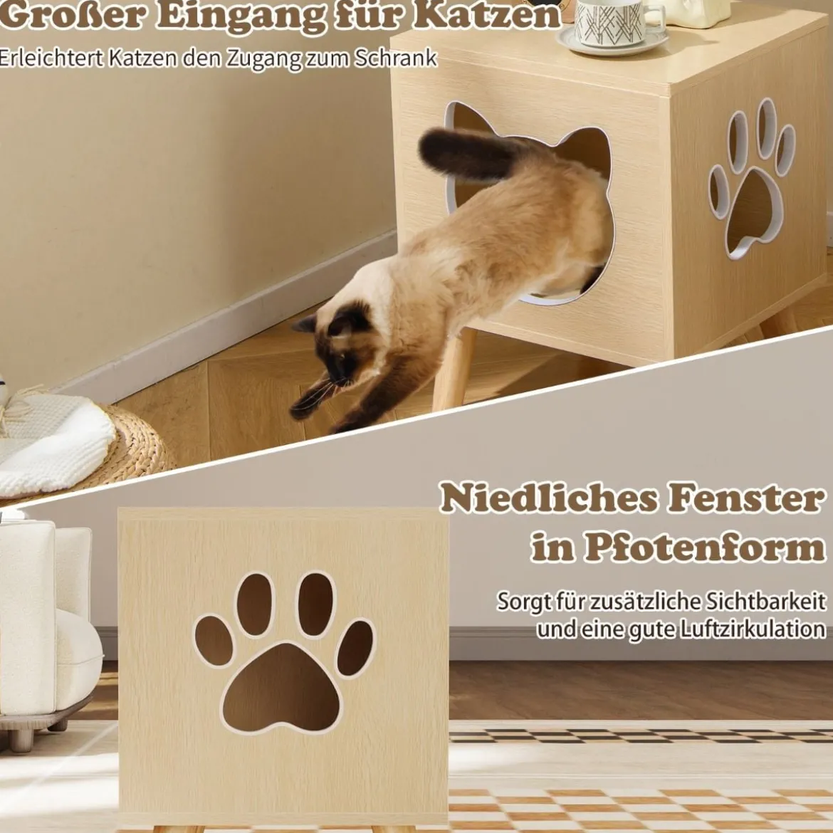 Katzenklo Schrank modernes Katzentoiletten-Möbel mit abnehmbarem Deckel Katzeneingang & Fenster Natur