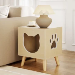 Katzenklo Schrank modernes Katzentoiletten-Möbel mit abnehmbarem Deckel Katzeneingang & Fenster Natur