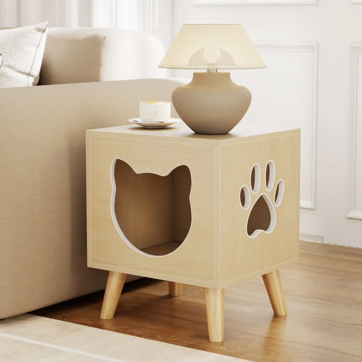 Katzenklo Schrank modernes Katzentoiletten-Möbel mit abnehmbarem Deckel Katzeneingang & Fenster Natur
