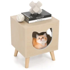 Katzenklo Schrank modernes Katzentoiletten-Möbel mit abnehmbarem Deckel Katzeneingang & Fenster Natur