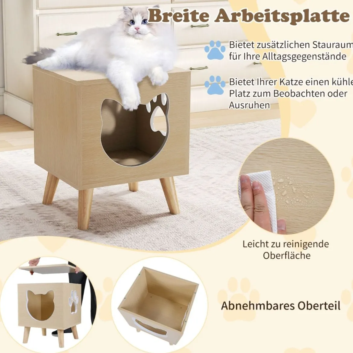 Katzenklo Schrank modernes Katzentoiletten-Möbel mit abnehmbarem Deckel Katzeneingang & Fenster Natur