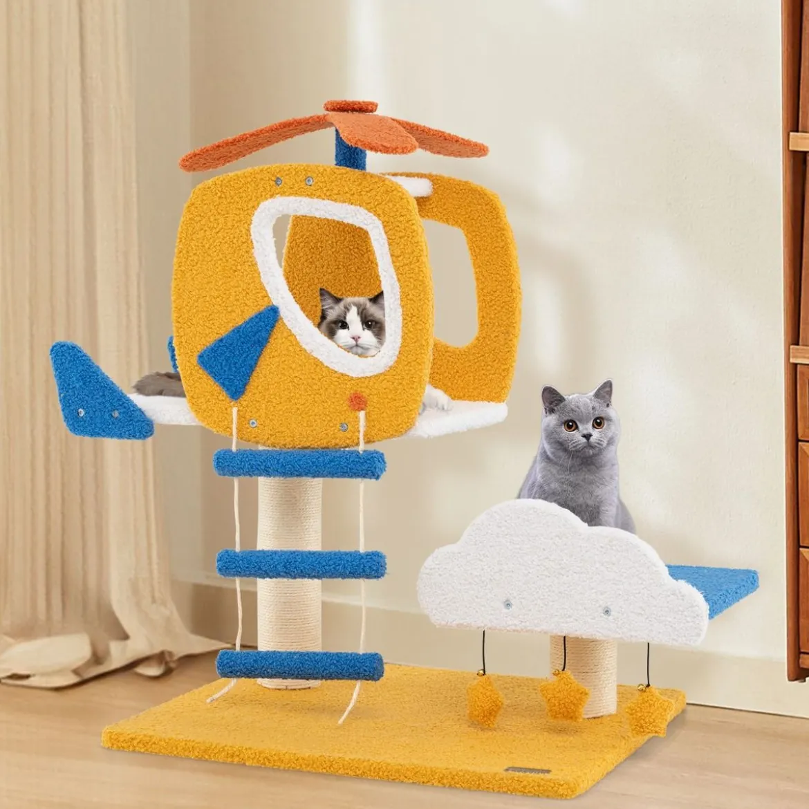 Katzenkratzbaum mit Hubschrauber Plattform & Kratzsäule & Sprungplattform Kratzbaum
