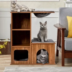 Katzenmöbel mit Höhle Matten Katzen Spielhaus Holz Katzenbaum Katzenhaus Kletterbaum 69x39x 80,5 cm