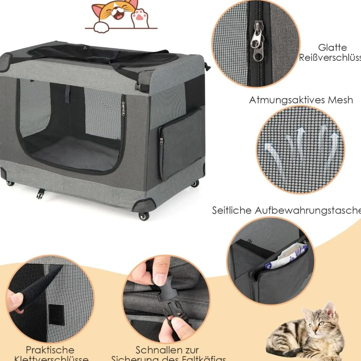 Katzenrennkäfig Große Faltbare Katzenbox Transportbox mit Schultergurt Rädern 82,5 x 59 x 67 cm Grau