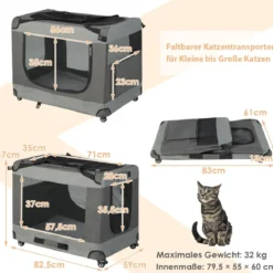 Katzenrennkäfig Große Faltbare Katzenbox Transportbox mit Schultergurt Rädern 82,5 x 59 x 67 cm Grau
