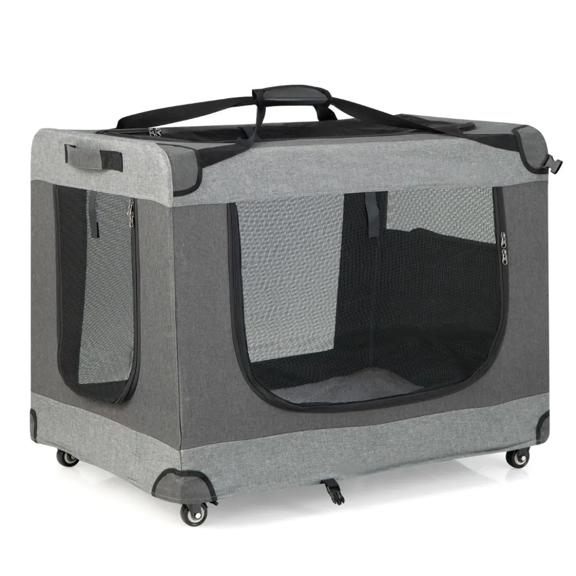 Katzenrennkäfig Große Faltbare Katzenbox Transportbox mit Schultergurt Rädern 82,5 x 59 x 67 cm Grau