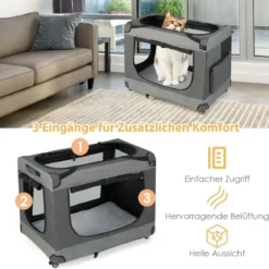 Katzenrennkäfig Große Faltbare Katzenbox Transportbox mit Schultergurt Rädern 82,5 x 59 x 67 cm Grau