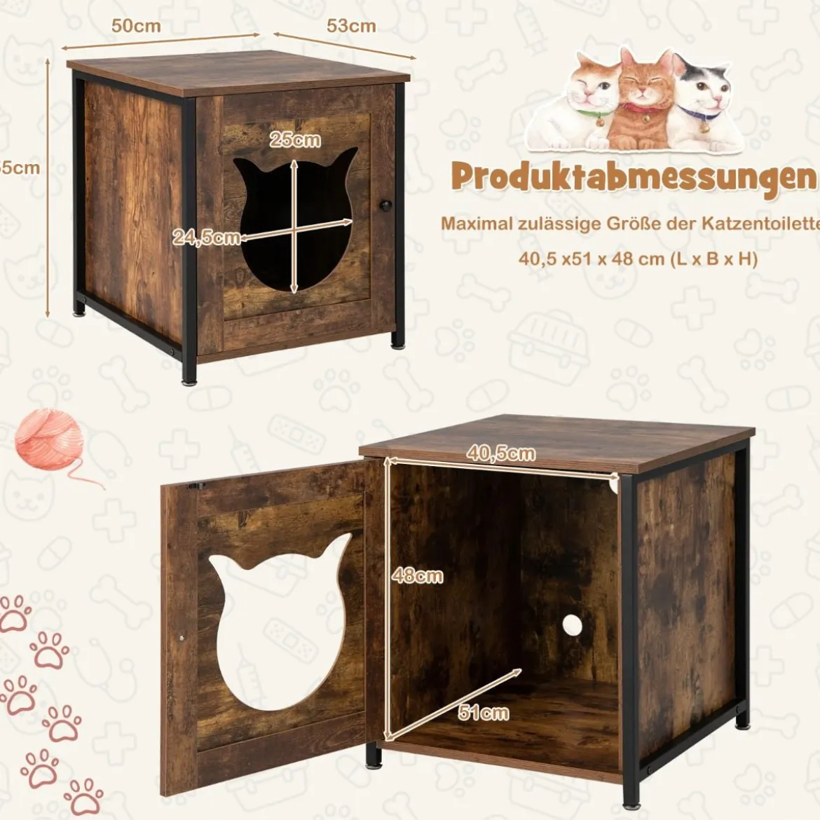 Katzenschrank aus Holz mit Tür & Eingang Katzenklo Schrank Katzentoilette 50 x 53 x 55 cm