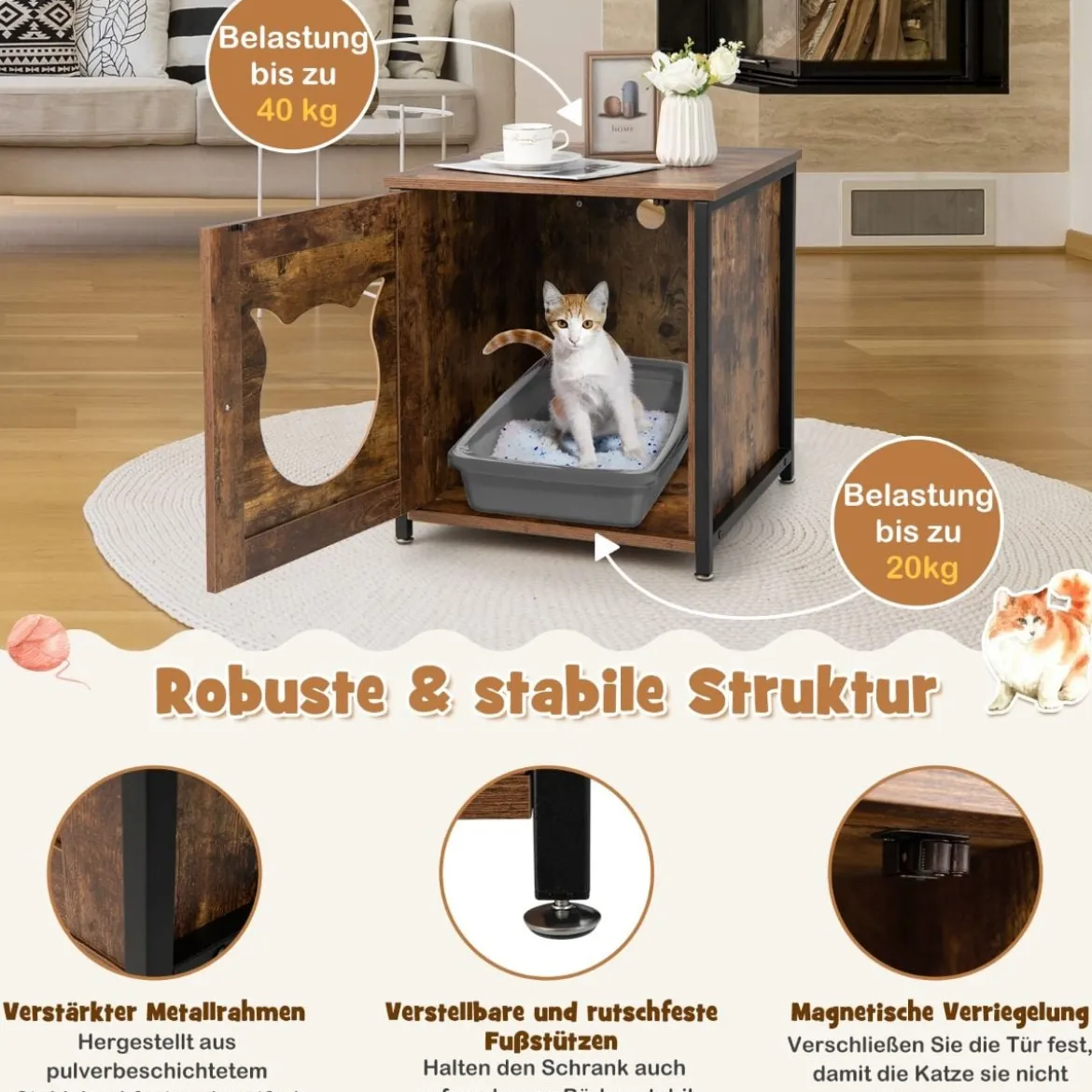 Katzenschrank aus Holz mit Tür & Eingang Katzenklo Schrank Katzentoilette 50 x 53 x 55 cm