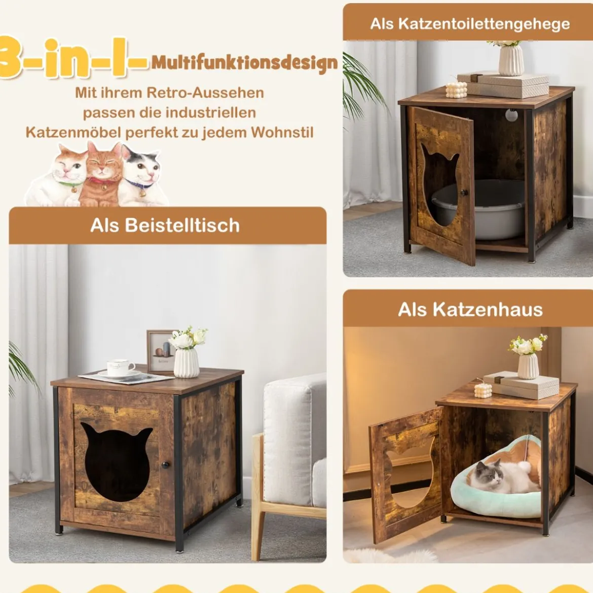 Katzenschrank aus Holz mit Tür & Eingang Katzenklo Schrank Katzentoilette 50 x 53 x 55 cm