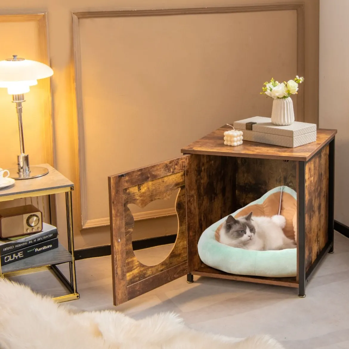 Katzenschrank aus Holz mit Tür & Eingang Katzenklo Schrank Katzentoilette 50 x 53 x 55 cm