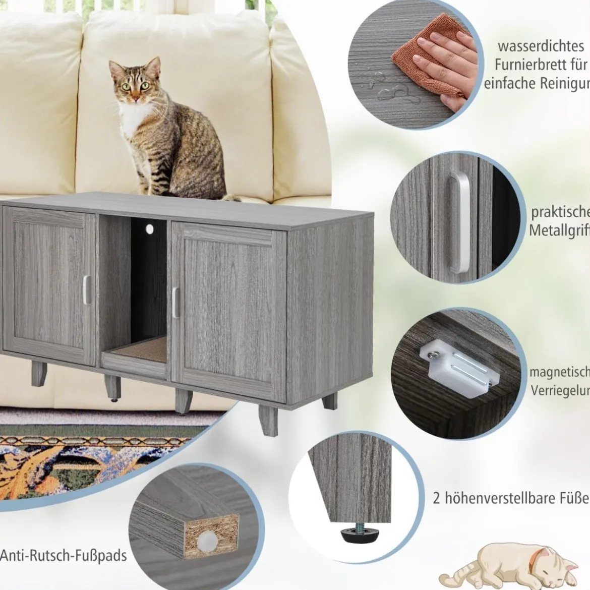 Katzenschrank für Katzentoilette mit Kratzbrett & 2 Türen & Eingang 120 x 52 x 65 cm