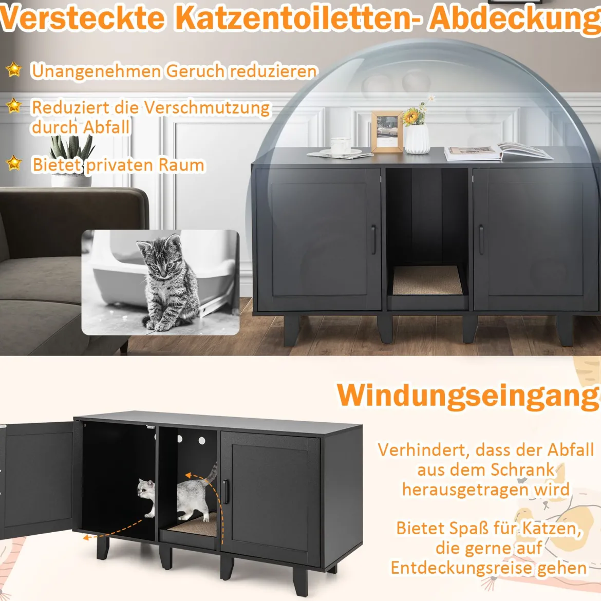 Katzenschrank für Katzentoilette mit Kratzbrett & 2 Türen & Eingang 120 x 52 x 65 cm