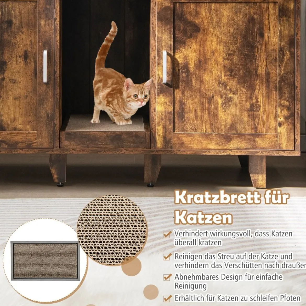 Katzenschrank für Katzentoilette mit Kratzbrett & 2 Türen & Eingang 120 x 52 x 65 cm