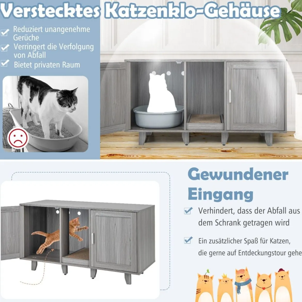 Katzenschrank für Katzentoilette mit Kratzbrett & 2 Türen & Eingang 120 x 52 x 65 cm