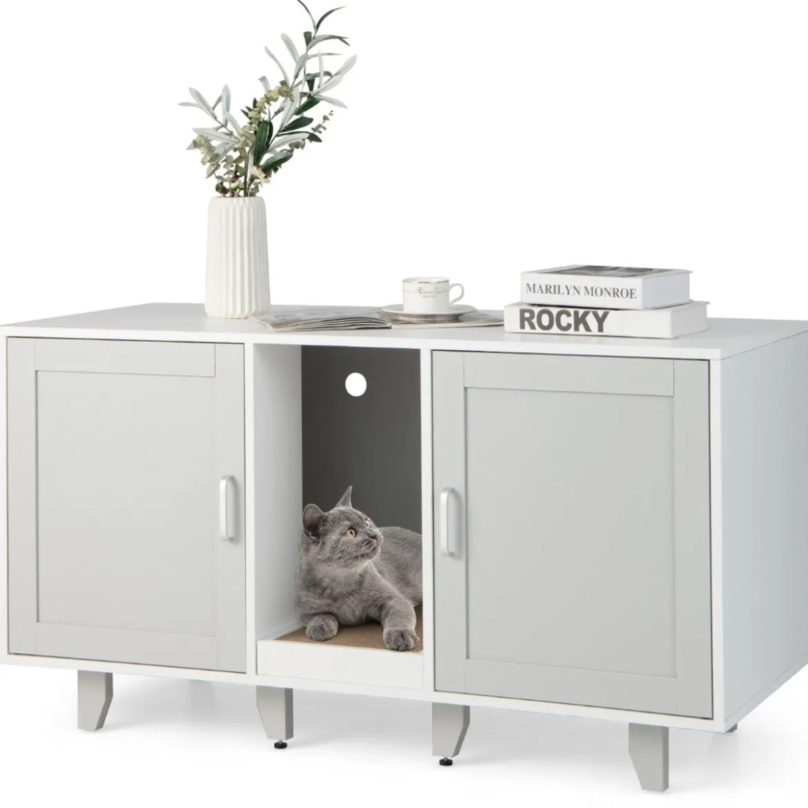 Katzenschrank für Katzentoilette mit Kratzbrett & 2 Türen & Eingang 120 x 52 x 65 cm