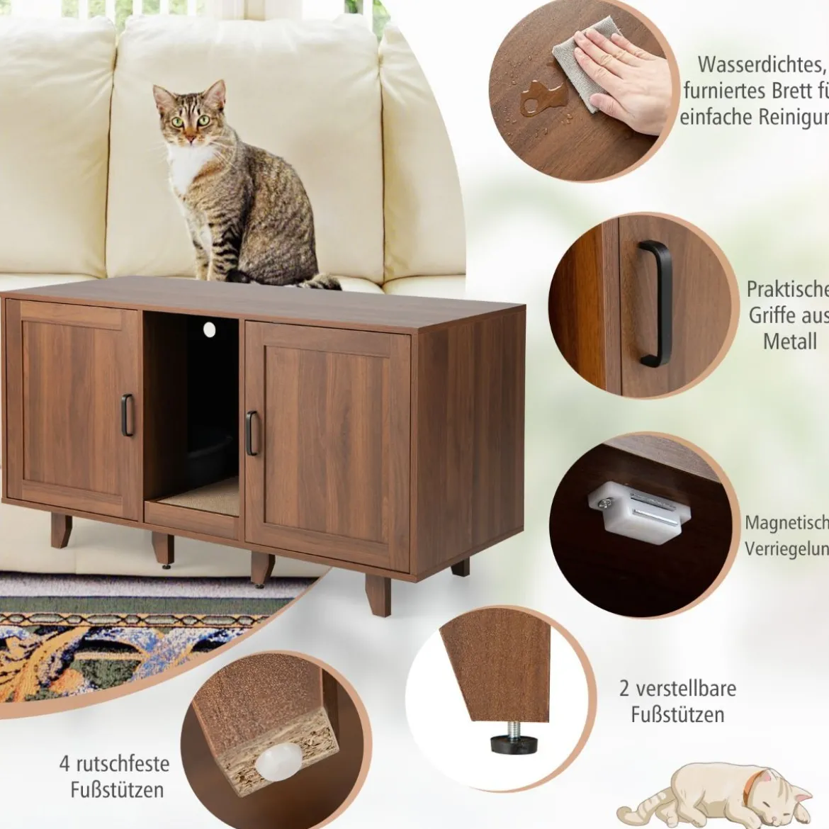 Katzenschrank für Katzentoilette mit Kratzbrett & 2 Türen & Eingang 120 x 52 x 65 cm