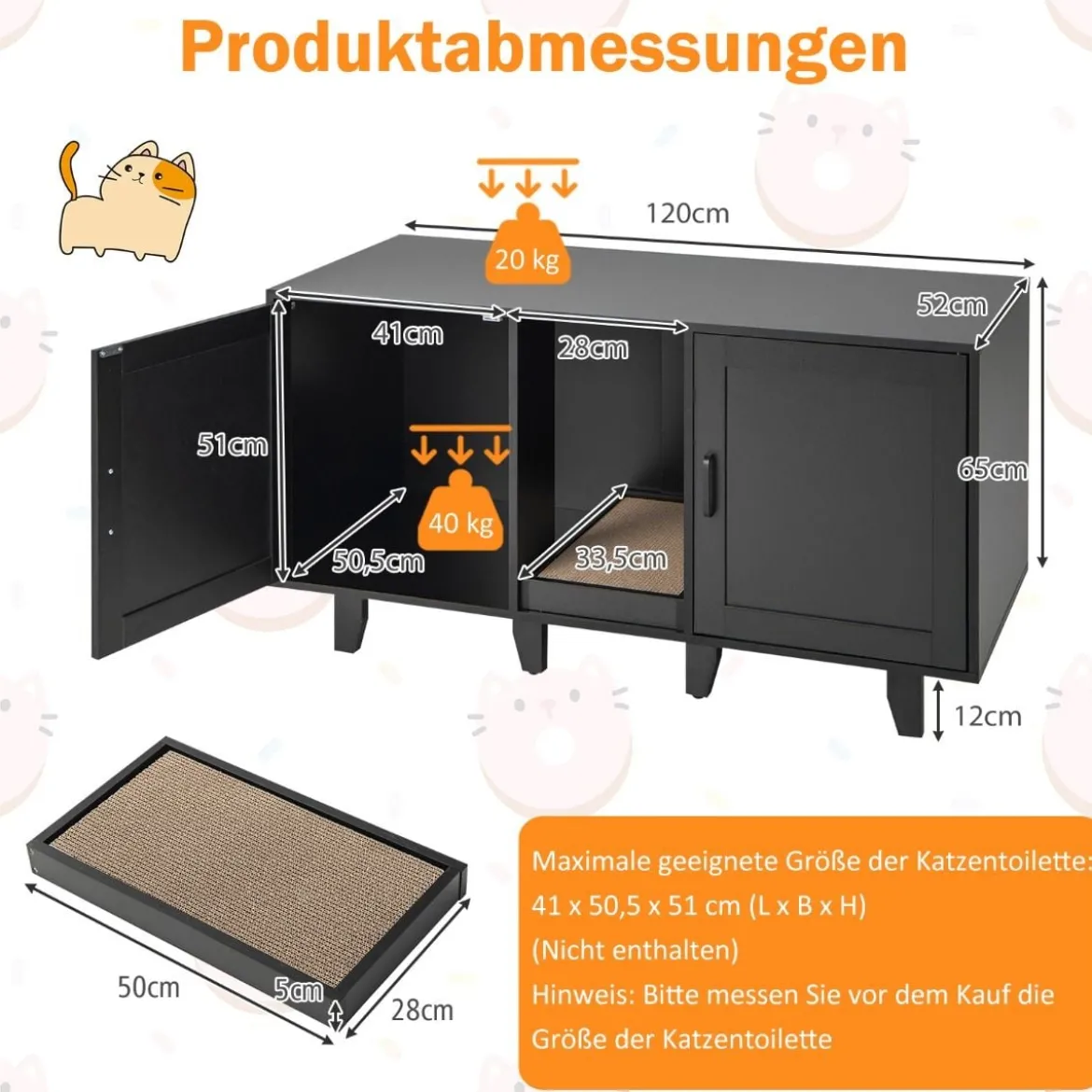 Katzenschrank für Katzentoilette mit Kratzbrett & 2 Türen & Eingang 120 x 52 x 65 cm