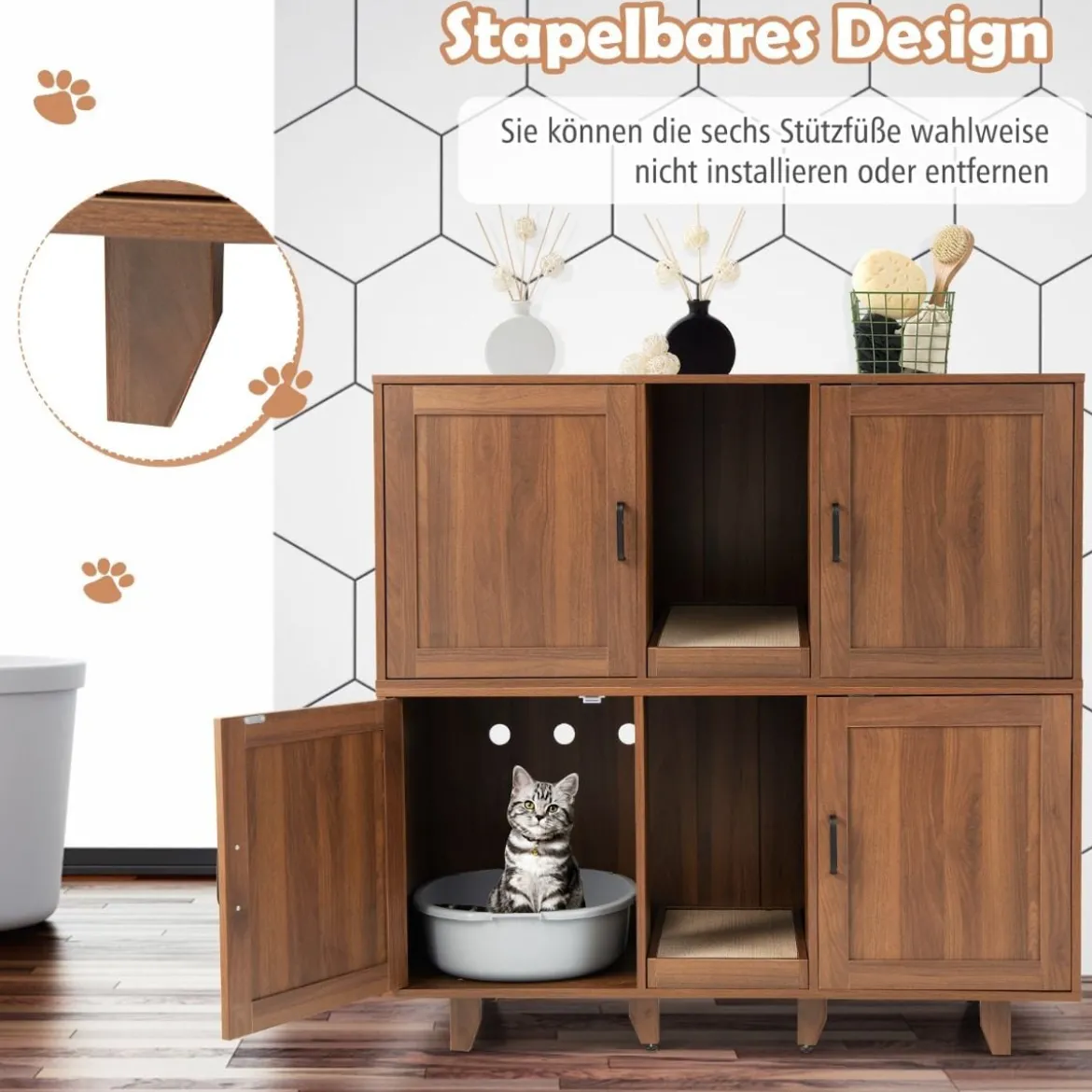 Katzenschrank für Katzentoilette mit Kratzbrett & 2 Türen & Eingang 120 x 52 x 65 cm
