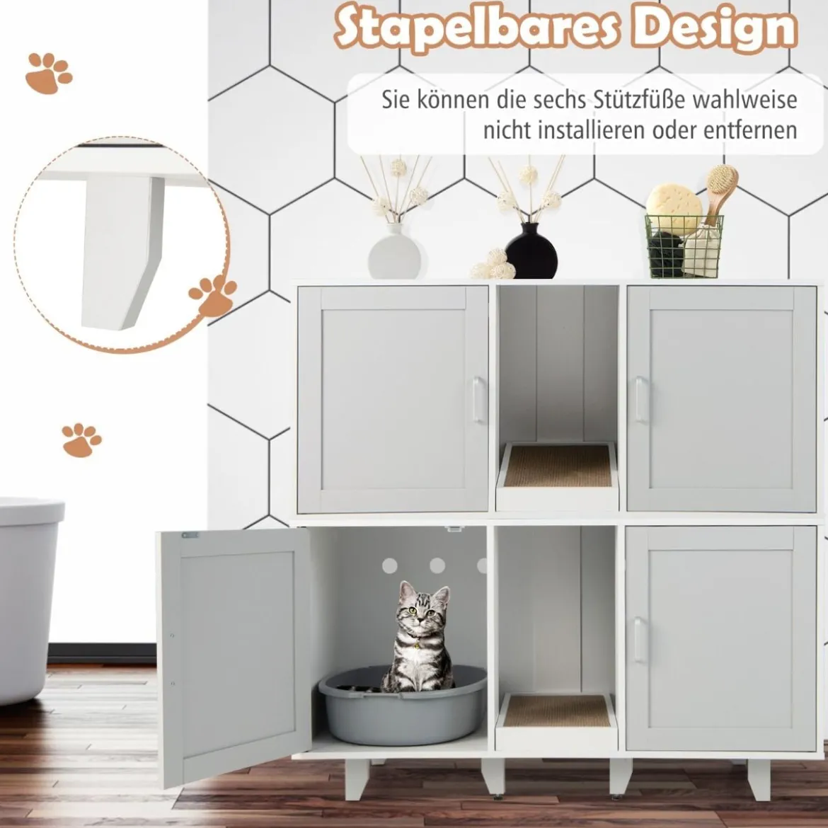 Katzenschrank für Katzentoilette mit Kratzbrett & 2 Türen & Eingang 120 x 52 x 65 cm