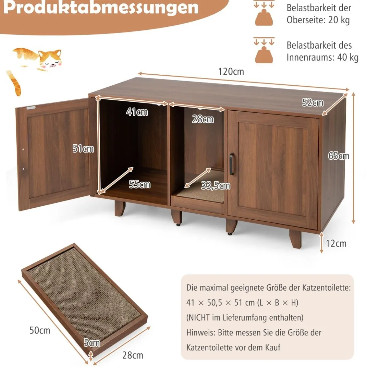 Katzenschrank für Katzentoilette mit Kratzbrett & 2 Türen & Eingang 120 x 52 x 65 cm