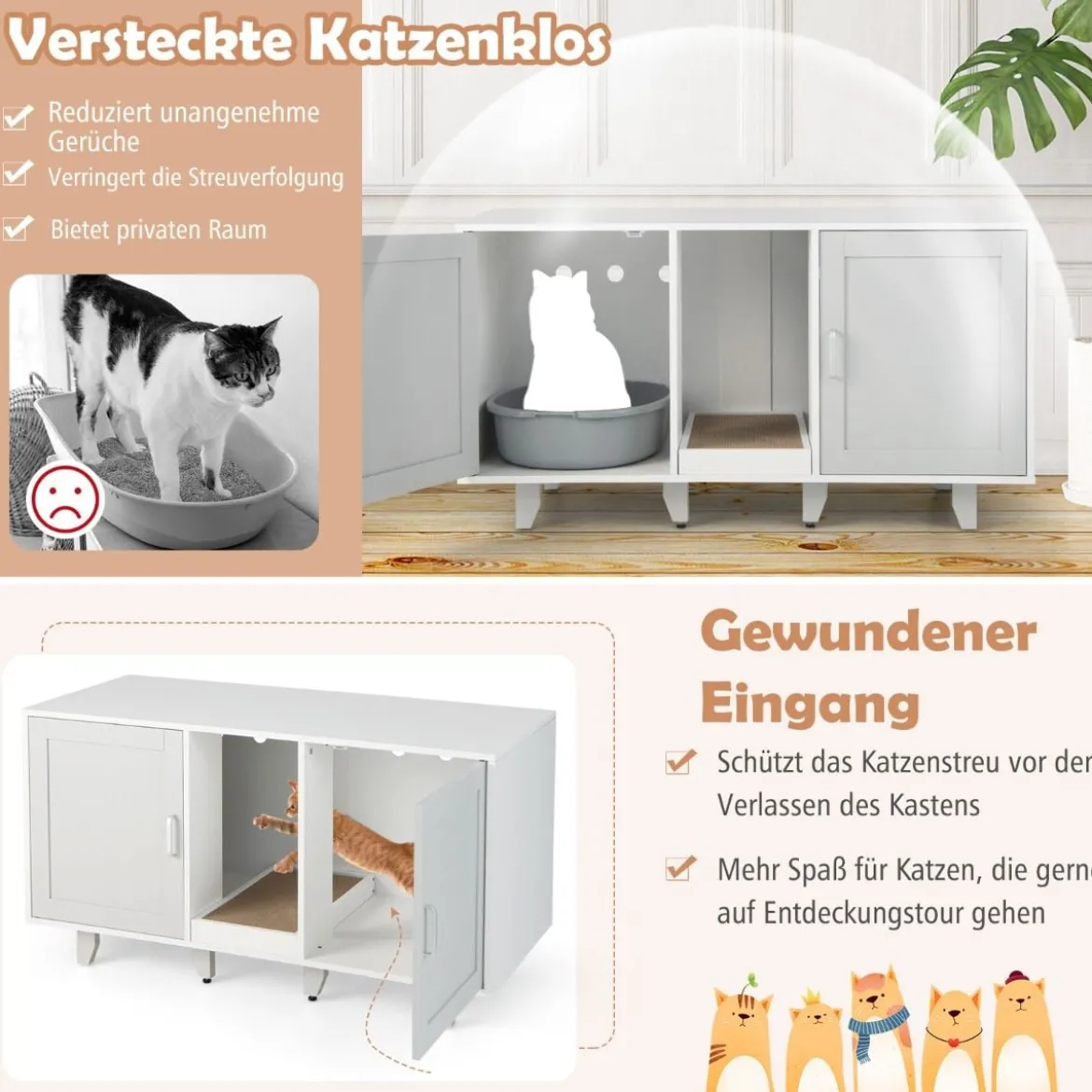 Katzenschrank für Katzentoilette mit Kratzbrett & 2 Türen & Eingang 120 x 52 x 65 cm