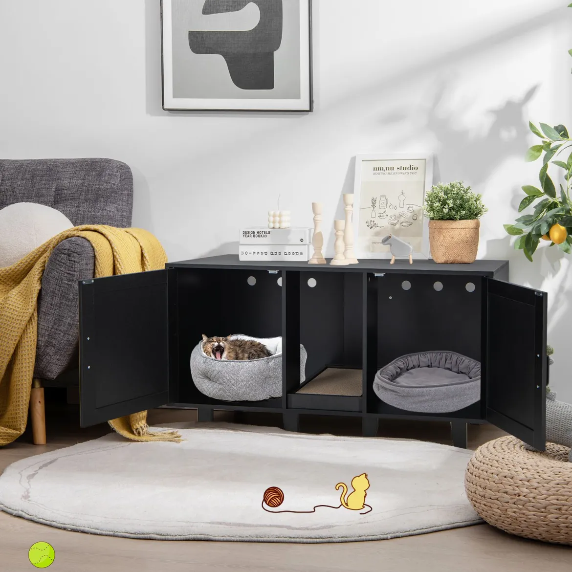 Katzenschrank für Katzentoilette mit Kratzbrett & 2 Türen & Eingang 120 x 52 x 65 cm