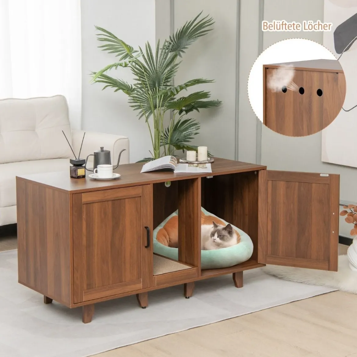 Katzenschrank für Katzentoilette mit Kratzbrett & 2 Türen & Eingang 120 x 52 x 65 cm