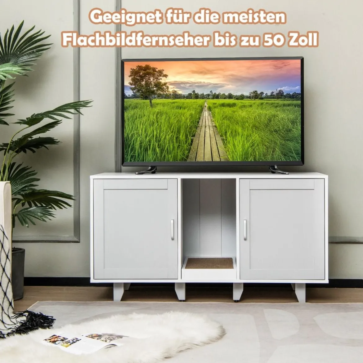 Katzenschrank für Katzentoilette mit Kratzbrett & 2 Türen & Eingang 120 x 52 x 65 cm