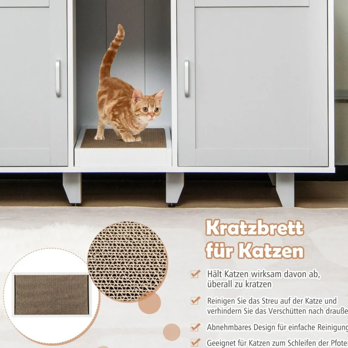 Katzenschrank für Katzentoilette mit Kratzbrett & 2 Türen & Eingang 120 x 52 x 65 cm