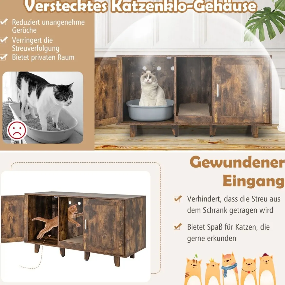 Katzenschrank für Katzentoilette mit Kratzbrett & 2 Türen & Eingang 120 x 52 x 65 cm