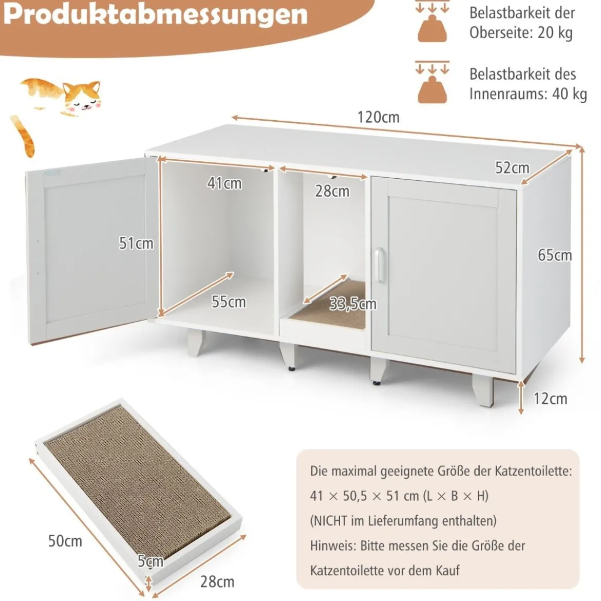 Katzenschrank für Katzentoilette mit Kratzbrett & 2 Türen & Eingang 120 x 52 x 65 cm