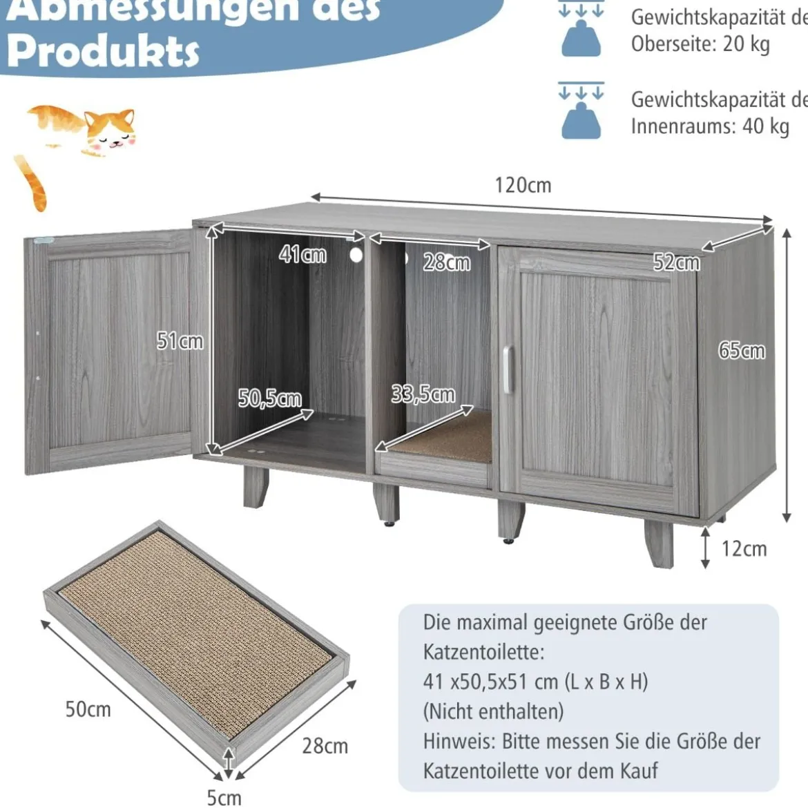 Katzenschrank für Katzentoilette mit Kratzbrett & 2 Türen & Eingang 120 x 52 x 65 cm