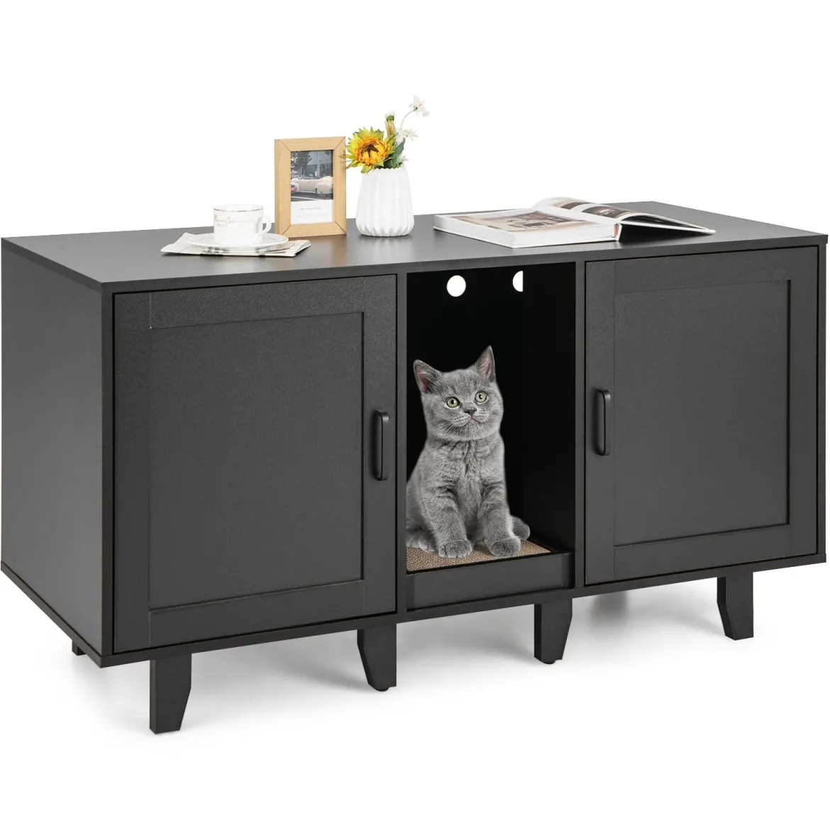 Katzenschrank für Katzentoilette mit Kratzbrett & 2 Türen & Eingang 120 x 52 x 65 cm
