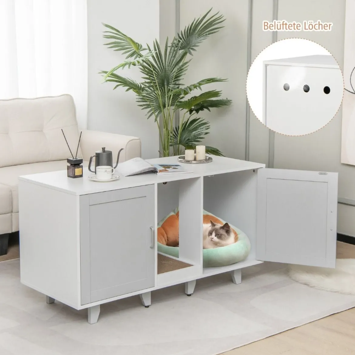Katzenschrank für Katzentoilette mit Kratzbrett & 2 Türen & Eingang 120 x 52 x 65 cm