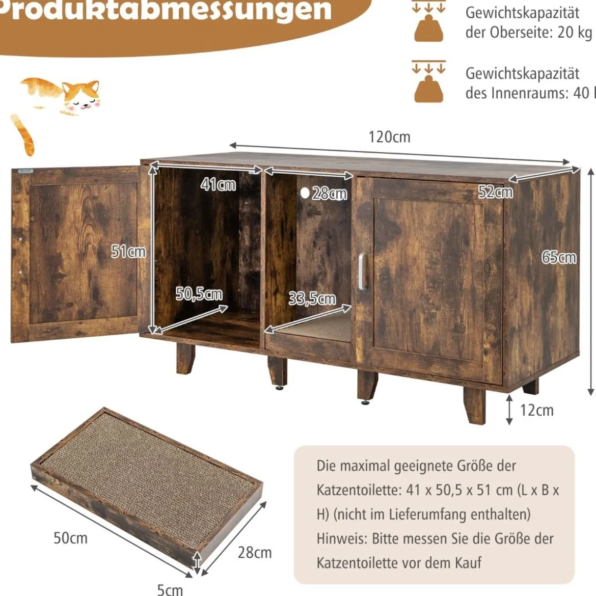 Katzenschrank für Katzentoilette mit Kratzbrett & 2 Türen & Eingang 120 x 52 x 65 cm
