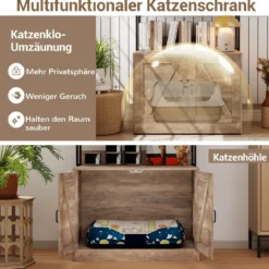 Katzenschrank für Katzentoilette mit Bücherregal Katzenklo Schrank Katzenhaus mit Eingang Grau
