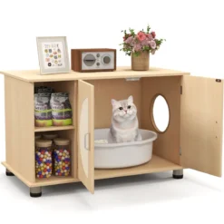 Katzenschrank für Katzentoilette mit Kratztüren aus Sisal & Katzenloch Katzenklo Schrank 82 x 48 x 52 cm
