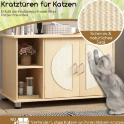 Katzenschrank für Katzentoilette mit Kratztüren aus Sisal & Katzenloch Katzenklo Schrank 82 x 48 x 52 cm