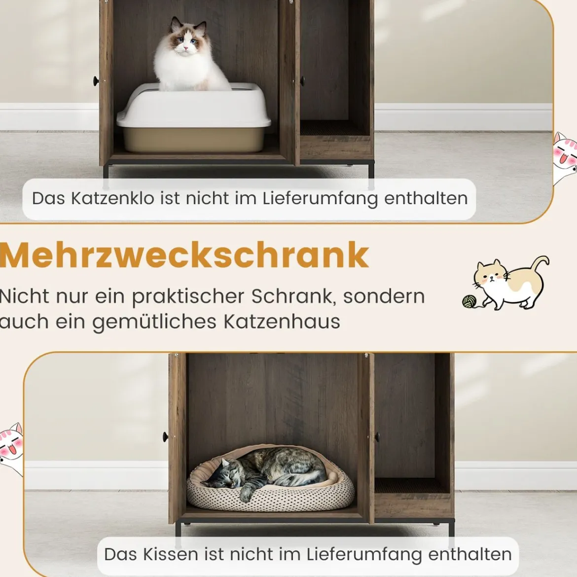 Katzenschrank für Katzentoilette mit Regalen & Kratzbrett & Eingang Katzenhaus Katzenmöbel Grau