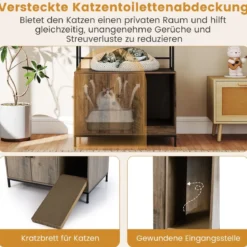 Katzenschrank für Katzentoilette mit Regalen & Kratzbrett & Eingang Katzenhaus Katzenmöbel Grau