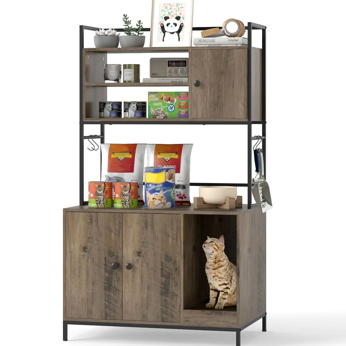 Katzenschrank für Katzentoilette mit Regalen & Kratzbrett & Eingang Katzenhaus Katzenmöbel Grau