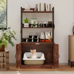Katzenschrank für Katzentoilette mit Bücherregal Katzenklo Schrank Katzenhaus mit Eingang Braun