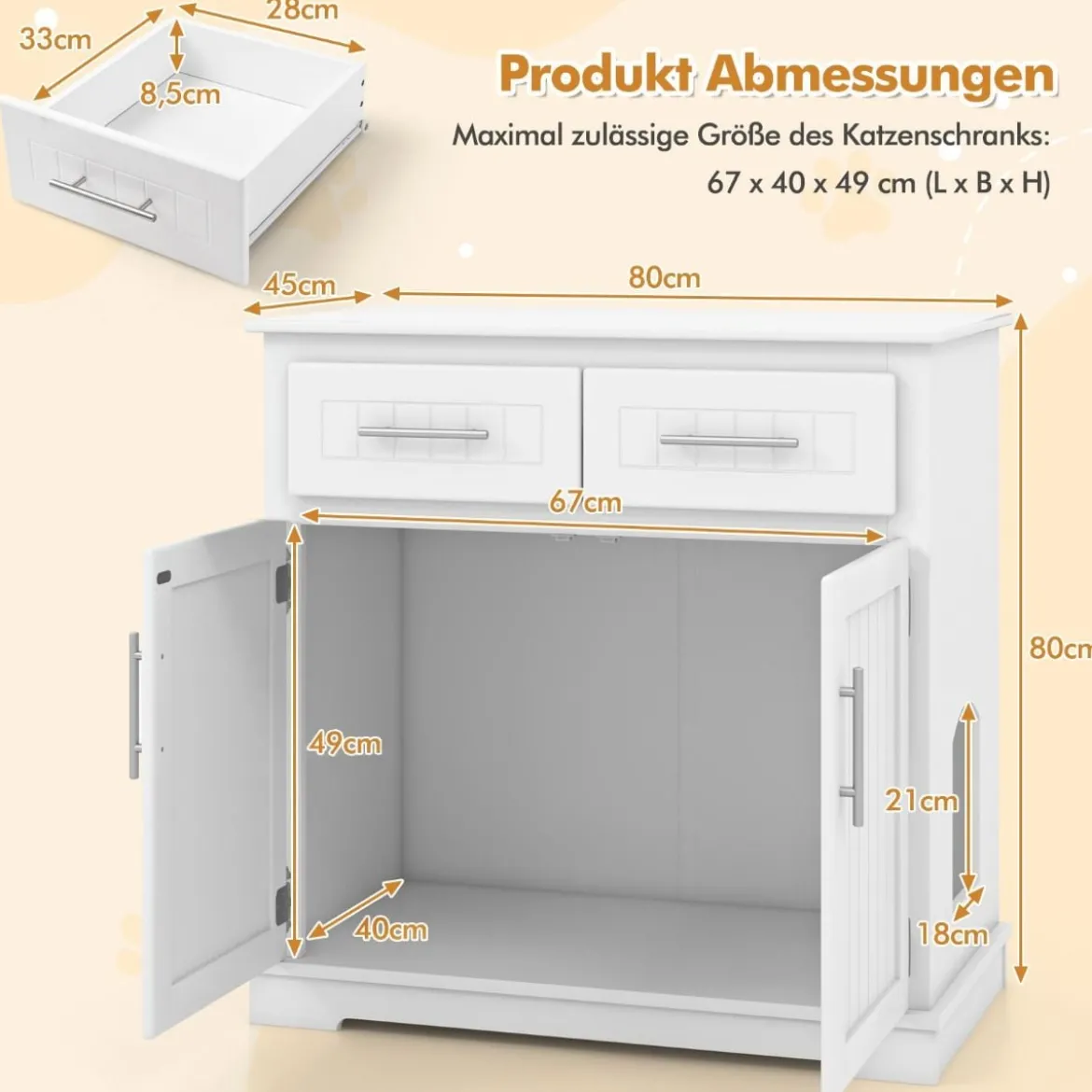 Katzenschrank für Katzentoilette mit 2 Schubladen & 2 Türen & Eingang Katzenklo Katzenhaus
