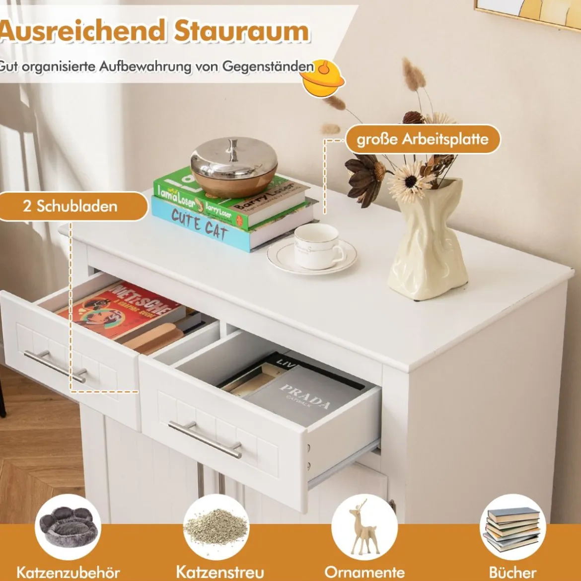 Katzenschrank für Katzentoilette mit 2 Schubladen & 2 Türen & Eingang Katzenklo Katzenhaus