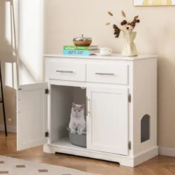 Katzenschrank für Katzentoilette mit 2 Schubladen & 2 Türen & Eingang Katzenklo Katzenhaus