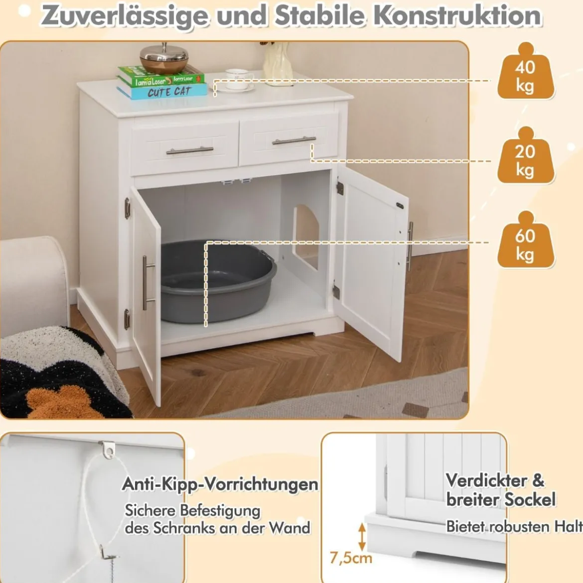 Katzenschrank für Katzentoilette mit 2 Schubladen & 2 Türen & Eingang Katzenklo Katzenhaus