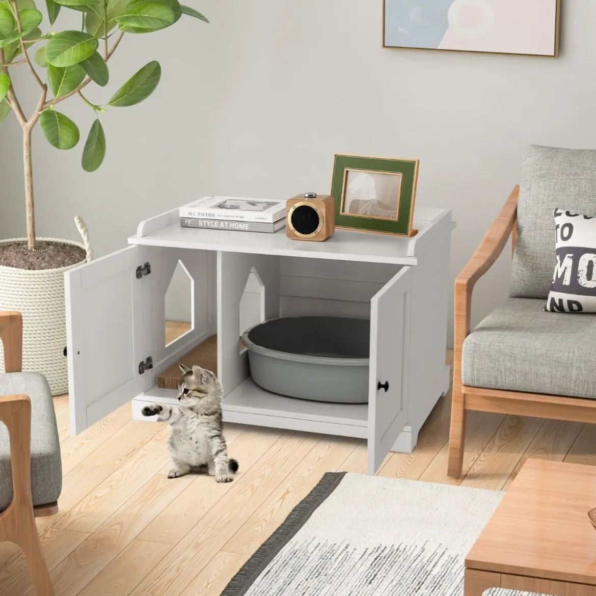 Katzenschrank Katzentoilette mit Doppeltüren & Eingang & Kratzbrett Weiß