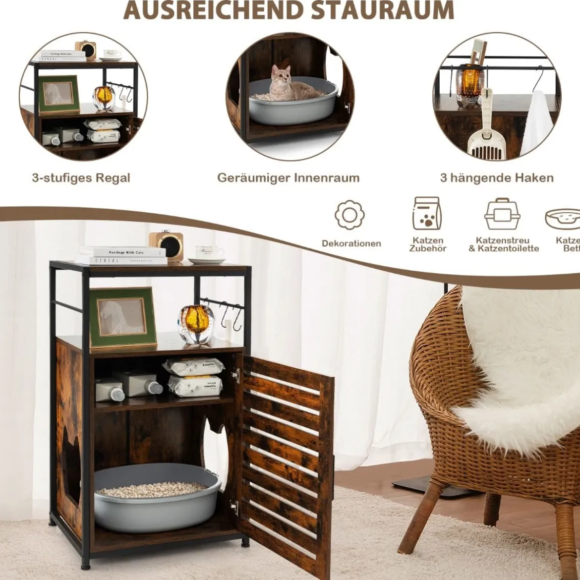Katzenschrank Katzentoilette mit Lamellentür & Eingang Katzenhaus mit Regal & Haken Braun